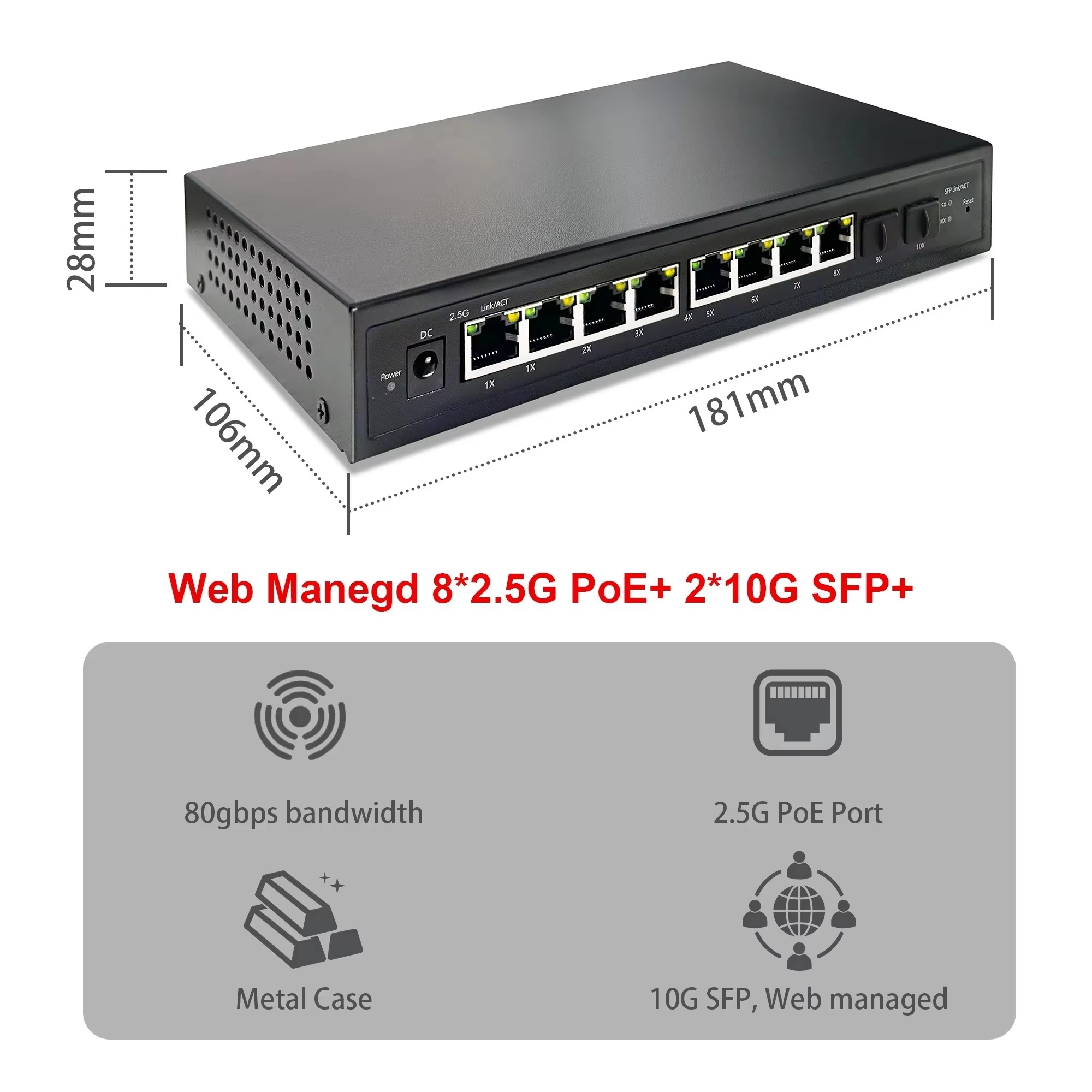 Sfp+ 10G Managed Switch 8 Port - 2,5G Smart Web Managed PoE-switch met